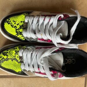 Guess womens White and Neon Yellow Sneakers